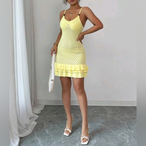 Women's Sexy & Sweet Solid Color Ruffle Beaded Decor Camisole Knit Fitted Mini D - Picture 4 of 6